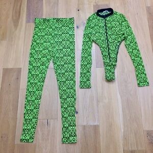 NEW Fashion Nova Neon Green Long Sleeve Mesh Geometric Bodysuit & Pants 2 Piece